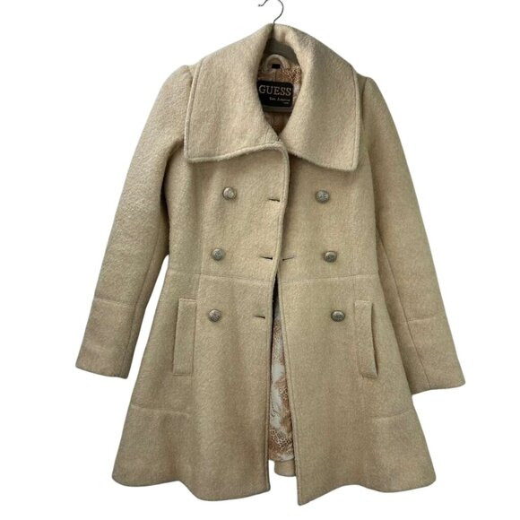 Vintage Guess Women's S Peacoat Cream Wool Blend Double Breasted Fit Flare Coat - Picture 10 of 16